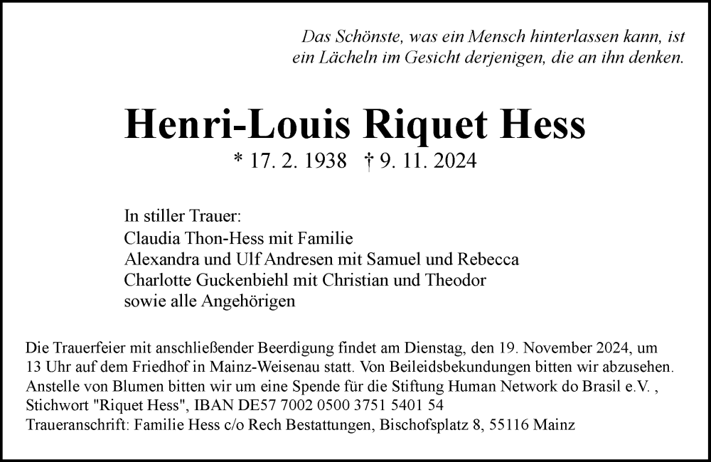  Traueranzeige für Henri-Louis Riquet Hess vom 13.11.2024 aus Allgemeine Zeitung Alzey