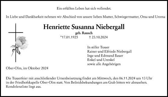 Traueranzeige von Henriette Susanna Niebergall von Allgemeine Zeitung Mainz