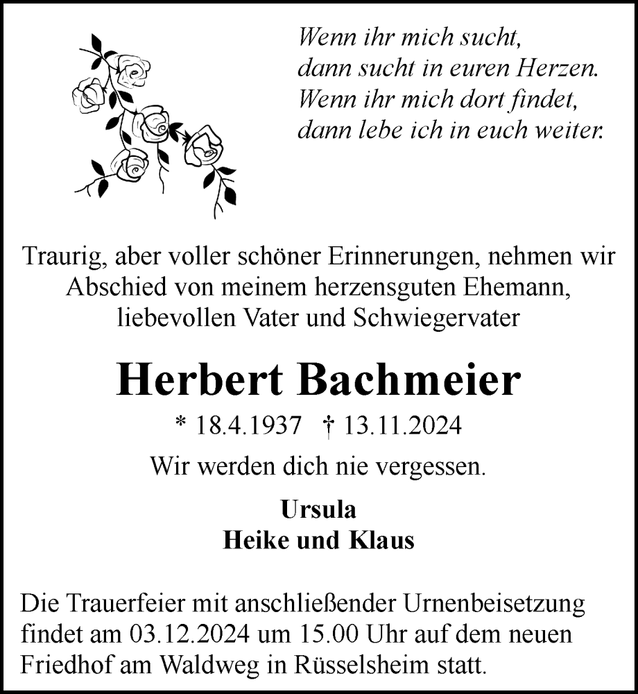 Traueranzeige für Herbert Bachmeier vom 23.11.2024 aus Rüsselsheimer Echo