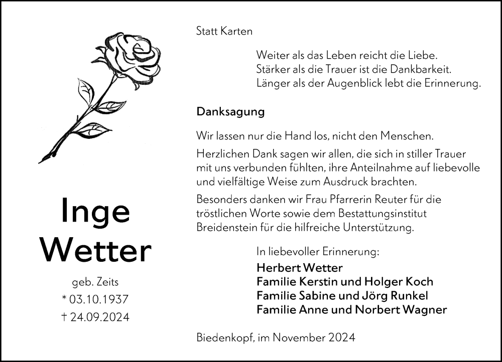  Traueranzeige für Herbert Wetter vom 09.11.2024 aus Hinterländer Anzeiger