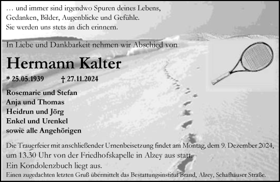 Traueranzeige von Hermann Kalter von Allgemeine Zeitung Alzey