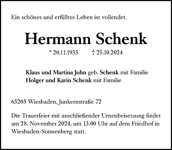 Traueranzeige von Hermann Schenk von Wiesbadener Kurier