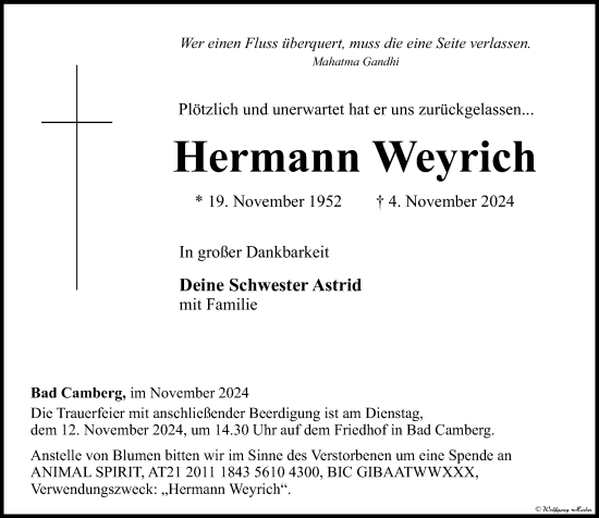 Traueranzeige von Hermann Weyrich von Camberger Anzeiger