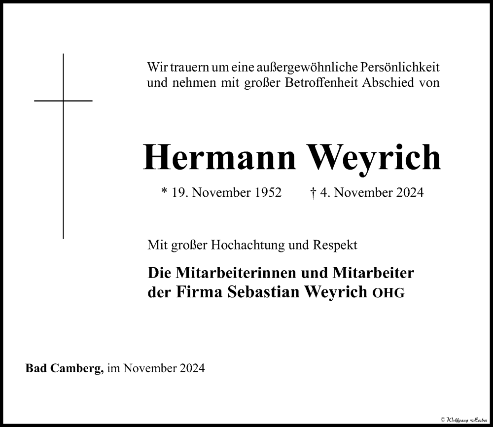  Traueranzeige für Hermann Weyrich vom 07.11.2024 aus Camberger Anzeiger