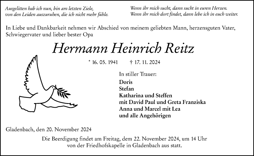  Traueranzeige für Hermann Heinrich Reitz vom 20.11.2024 aus Hinterländer Anzeiger