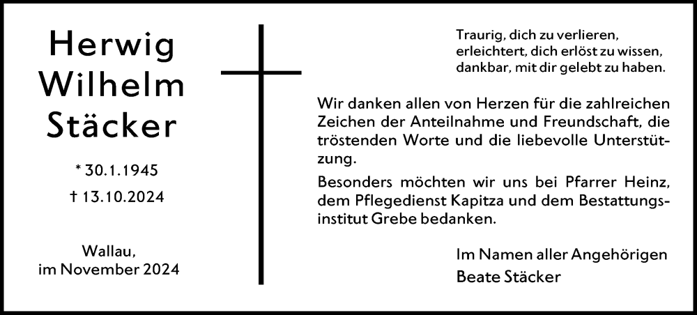  Traueranzeige für Herwig Wilhelm Stäcker vom 16.11.2024 aus Hinterländer Anzeiger