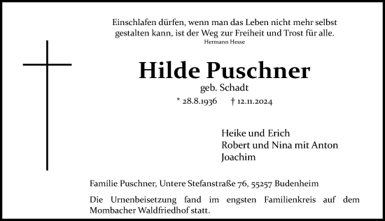 Traueranzeige von Hilde Puschner von Allgemeine Zeitung Mainz