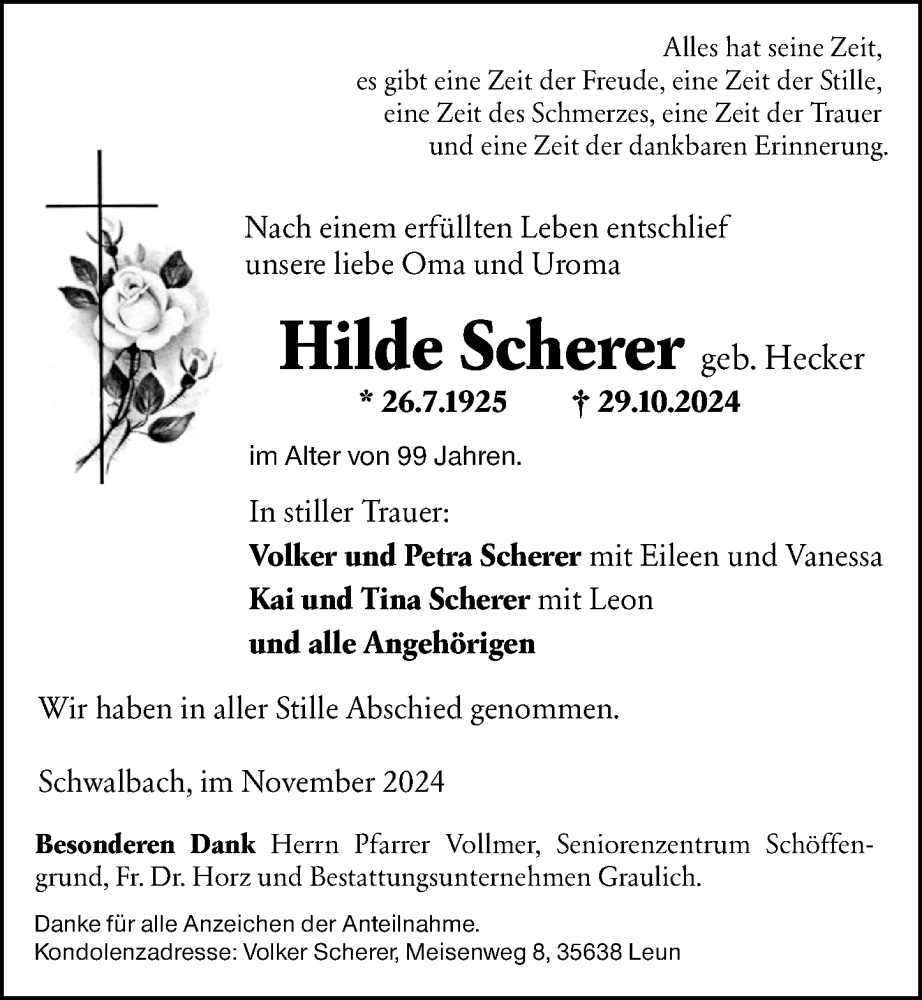  Traueranzeige für Hilde Scherer vom 22.11.2024 aus Wetzlarer Neue Zeitung