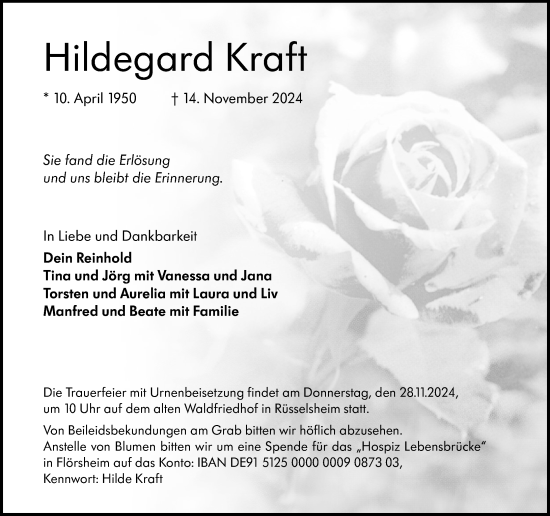 Traueranzeige von Hildegard Kraft von Rüsselsheimer Echo