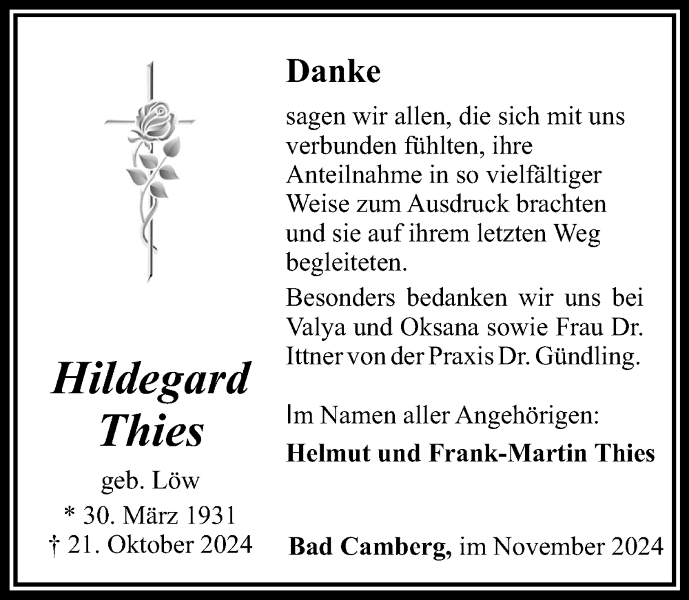  Traueranzeige für Hildegard Thies vom 21.11.2024 aus Camberger Anzeiger