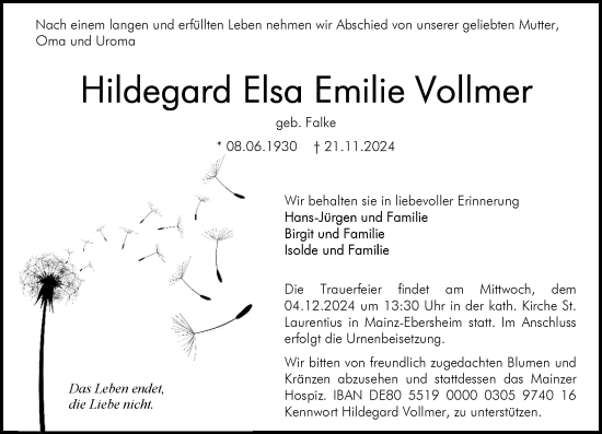 Traueranzeige von Hildegard Elsa Emilie Vollmer von Allgemeine Zeitung Mainz