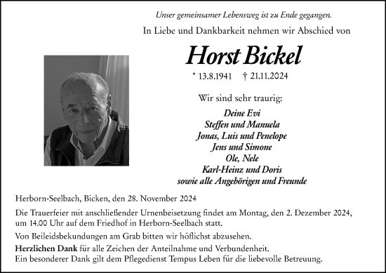 Traueranzeige von Horst Bickel von Dill Block