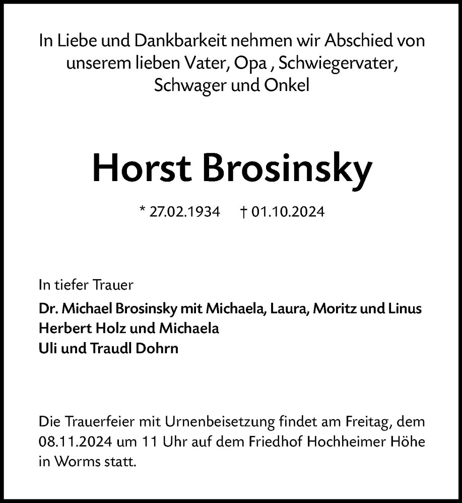  Traueranzeige für Horst Brosinsky vom 02.11.2024 aus Wormser Zeitung