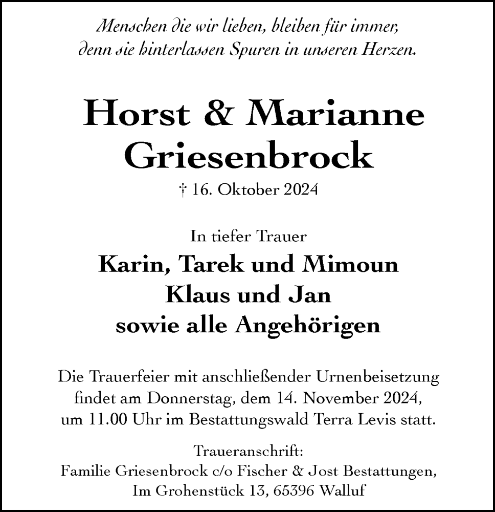  Traueranzeige für Horst Griesenbrock vom 09.11.2024 aus Wiesbadener Kurier