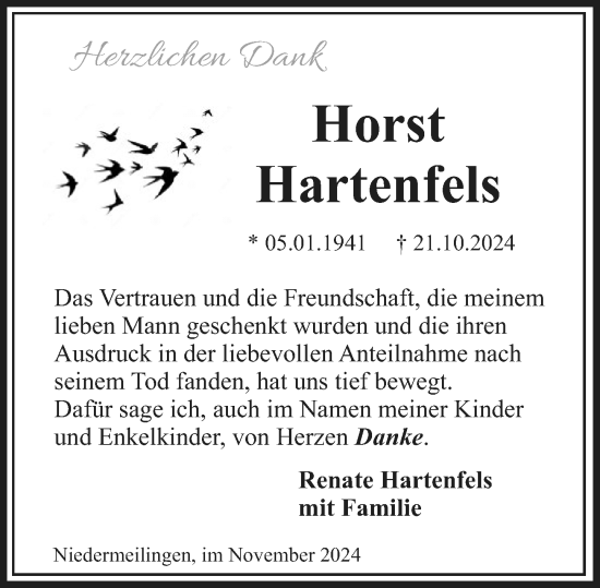 Traueranzeige von Horst Hartenfels von Wiesbadener Kurier