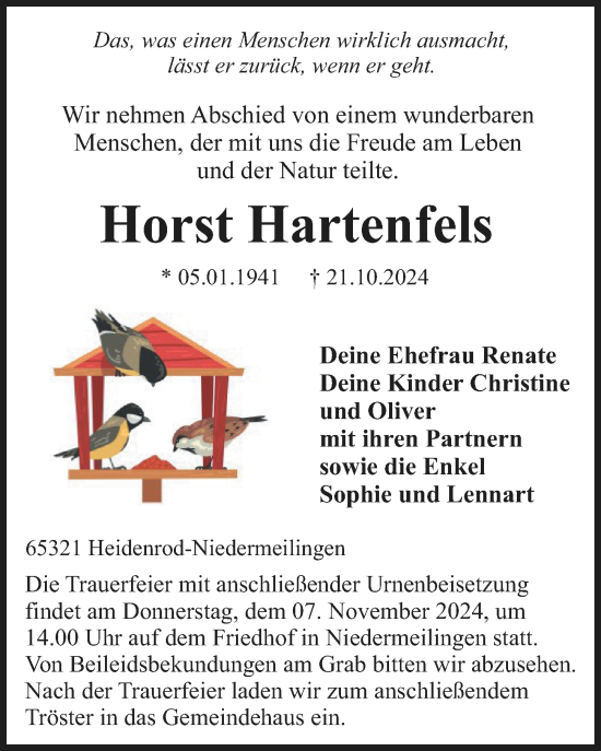 Traueranzeige von Horst Hartenfels von Wiesbadener Kurier