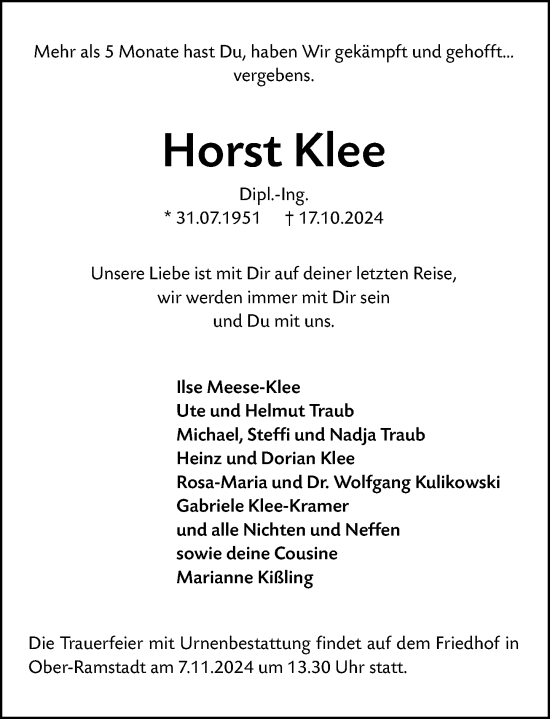 Traueranzeige von Horst Klee von Darmstädter Echo