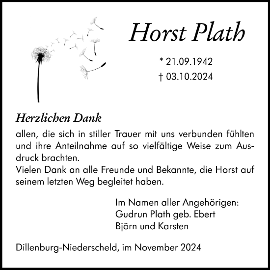 Traueranzeige von Horst Plath von Dill Block