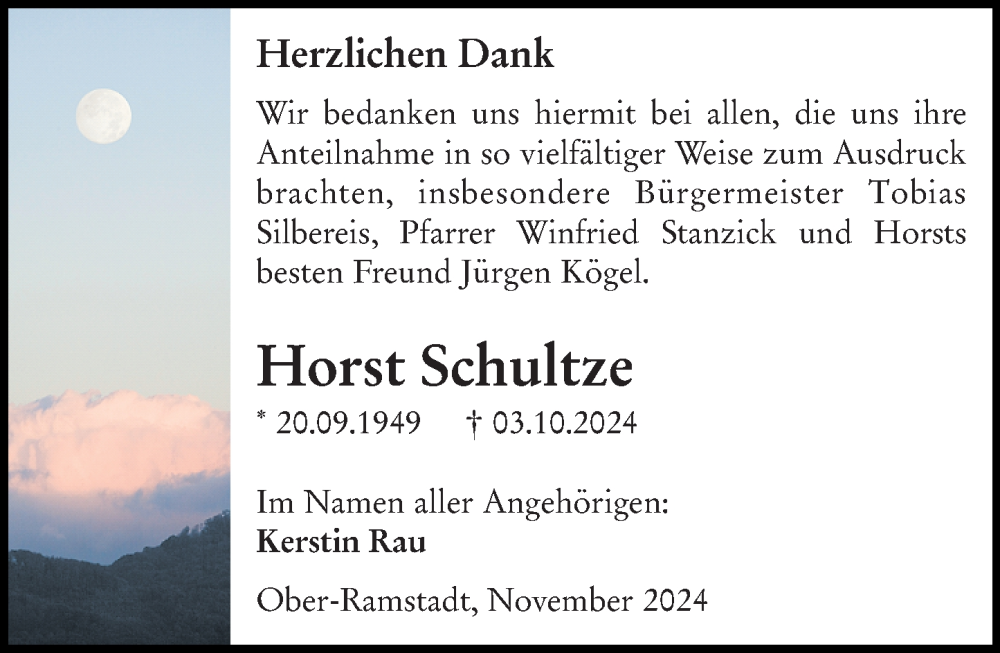  Traueranzeige für Horst Schultze vom 02.11.2024 aus Darmstädter Echo