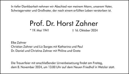 Traueranzeige von Horst Zahner von Wetzlarer Neue Zeitung