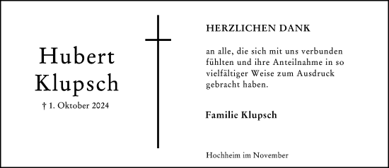 Traueranzeige von Hubert Klupsch von Hochheimer Zeitung