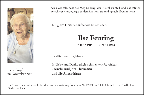 Traueranzeige von Ilse Feuring von Hinterländer Anzeiger