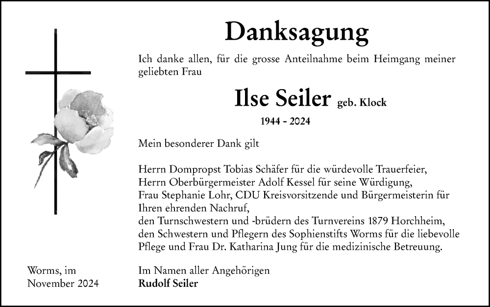  Traueranzeige für Ilse Seiler vom 20.11.2024 aus Wormser Zeitung