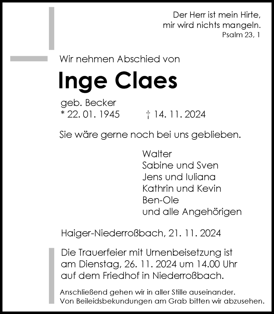  Traueranzeige für Inge Claes vom 21.11.2024 aus Dill Block
