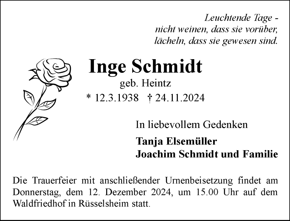  Traueranzeige für Inge Schmidt vom 30.11.2024 aus Rüsselsheimer Echo