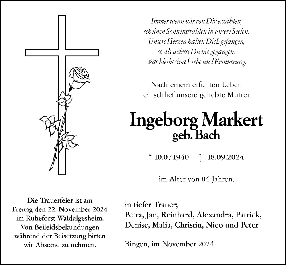  Traueranzeige für Ingeborg Markert vom 20.11.2024 aus Allgemeine Zeitung Rheinhessen-Nahe