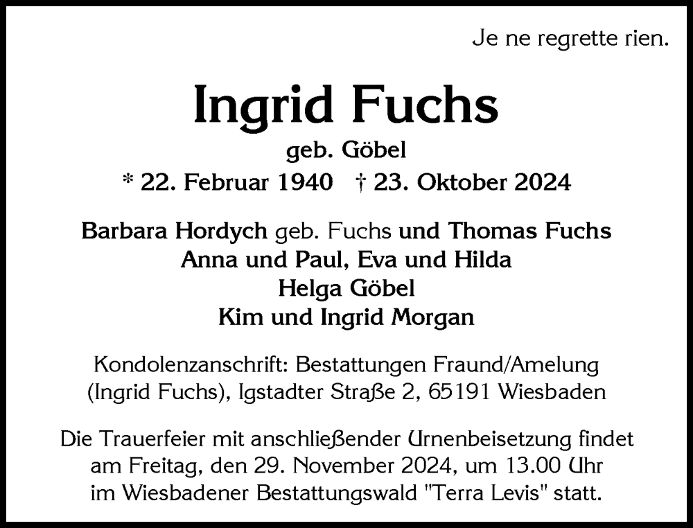  Traueranzeige für Ingrid Fuchs vom 27.11.2024 aus Wiesbadener Kurier