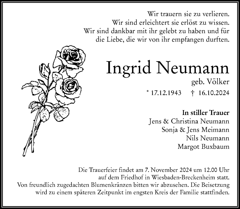 Traueranzeige für Ingrid Neumann vom 02.11.2024 aus Wiesbadener Kurier
