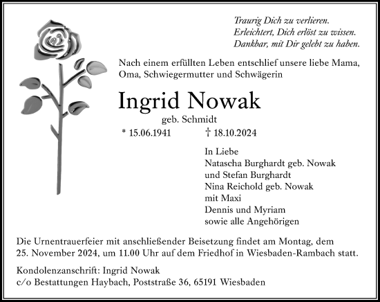 Traueranzeige von Ingrid Nowak von Wiesbadener Kurier