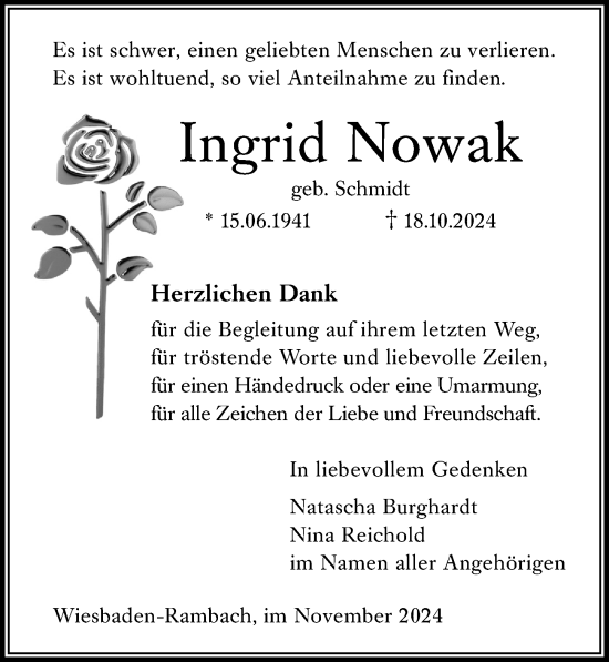 Traueranzeige von Ingrid Nowak von Wiesbadener Kurier