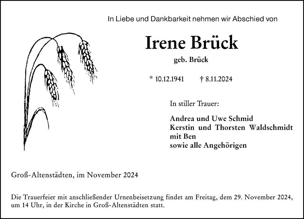 Traueranzeige für Irene Brück vom 23.11.2024 aus Wetzlarer Neue Zeitung