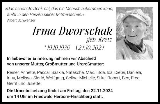 Traueranzeige von Irma Dworschak von Dill Block