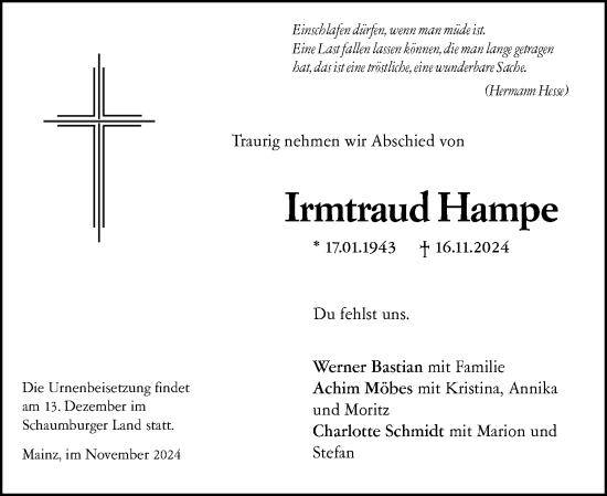 Traueranzeige von Irmtraud Hampe von Allgemeine Zeitung Mainz