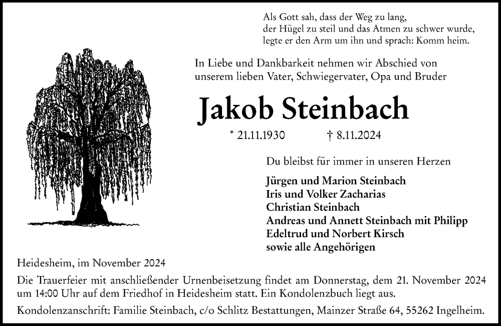  Traueranzeige für Jakob Steinbach vom 16.11.2024 aus Allgemeine Zeitung Rheinhessen-Nahe