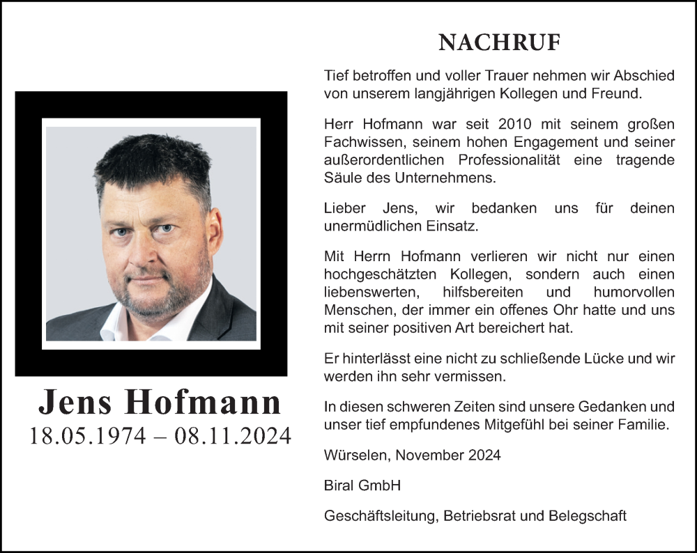  Traueranzeige für Jens Hofmann vom 12.11.2024 aus Dill Block