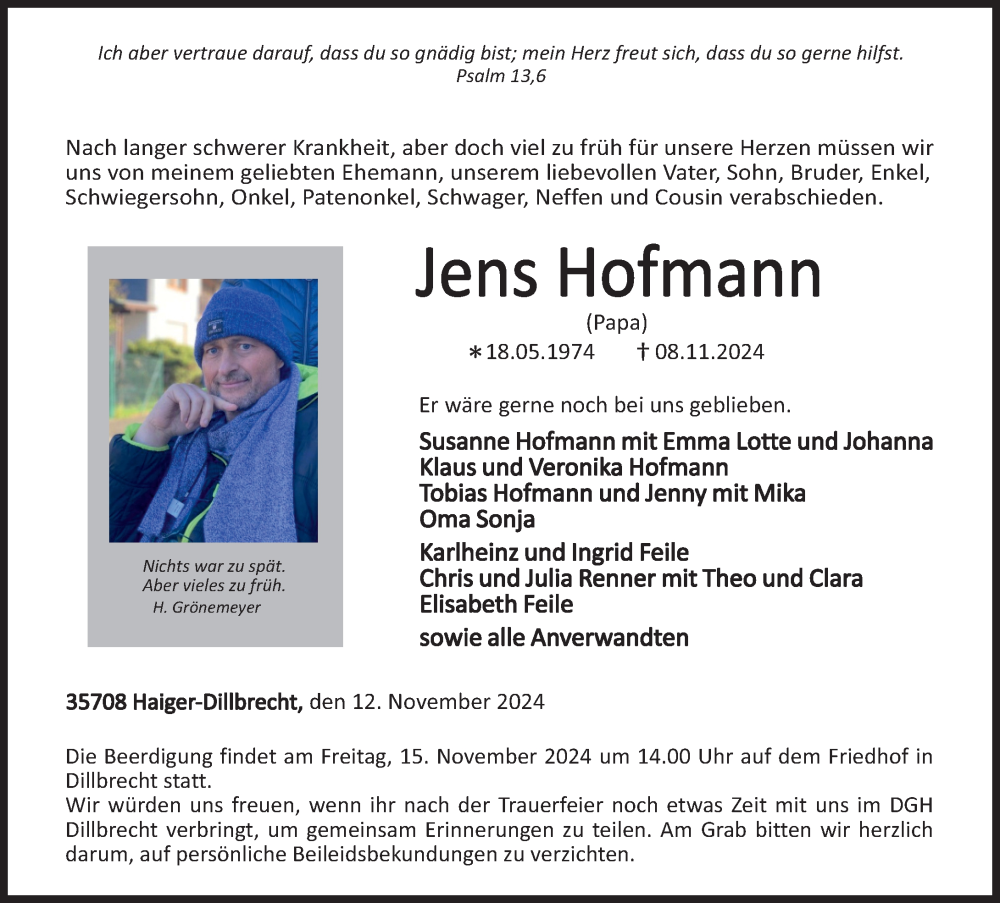  Traueranzeige für Jens Hofmann vom 12.11.2024 aus Dill Block