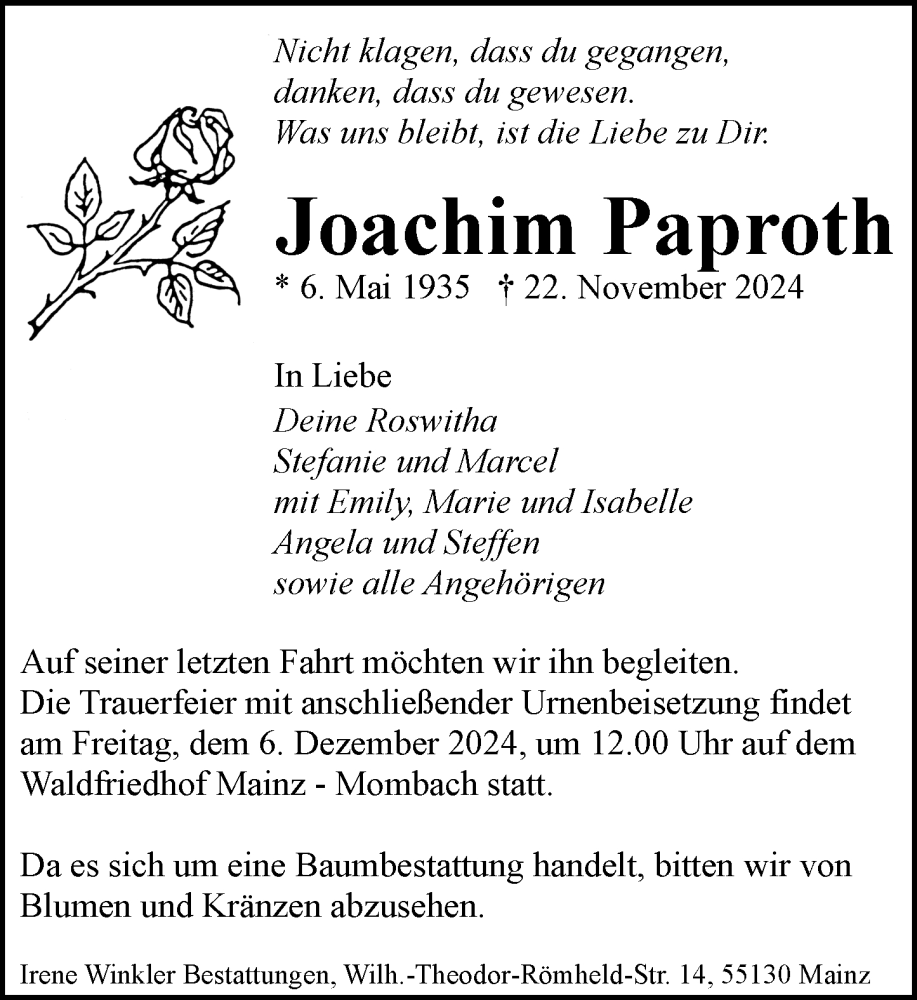  Traueranzeige für Joachim Paproth vom 30.11.2024 aus Allgemeine Zeitung Mainz