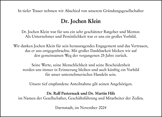 Traueranzeige von Jochen Klein von Darmstädter Echo