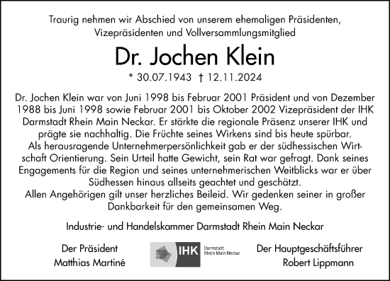 Traueranzeige von Jochen Klein von Südhessen Morgen