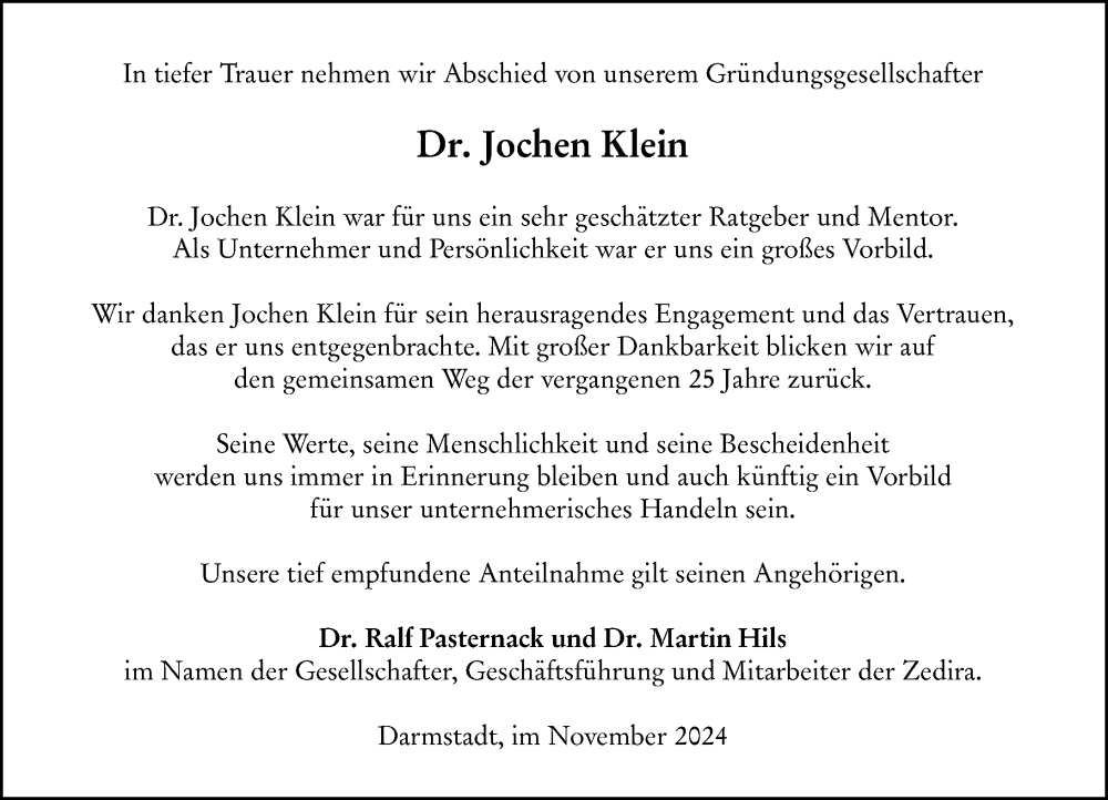  Traueranzeige für Jochen Klein vom 30.11.2024 aus Darmstädter Echo