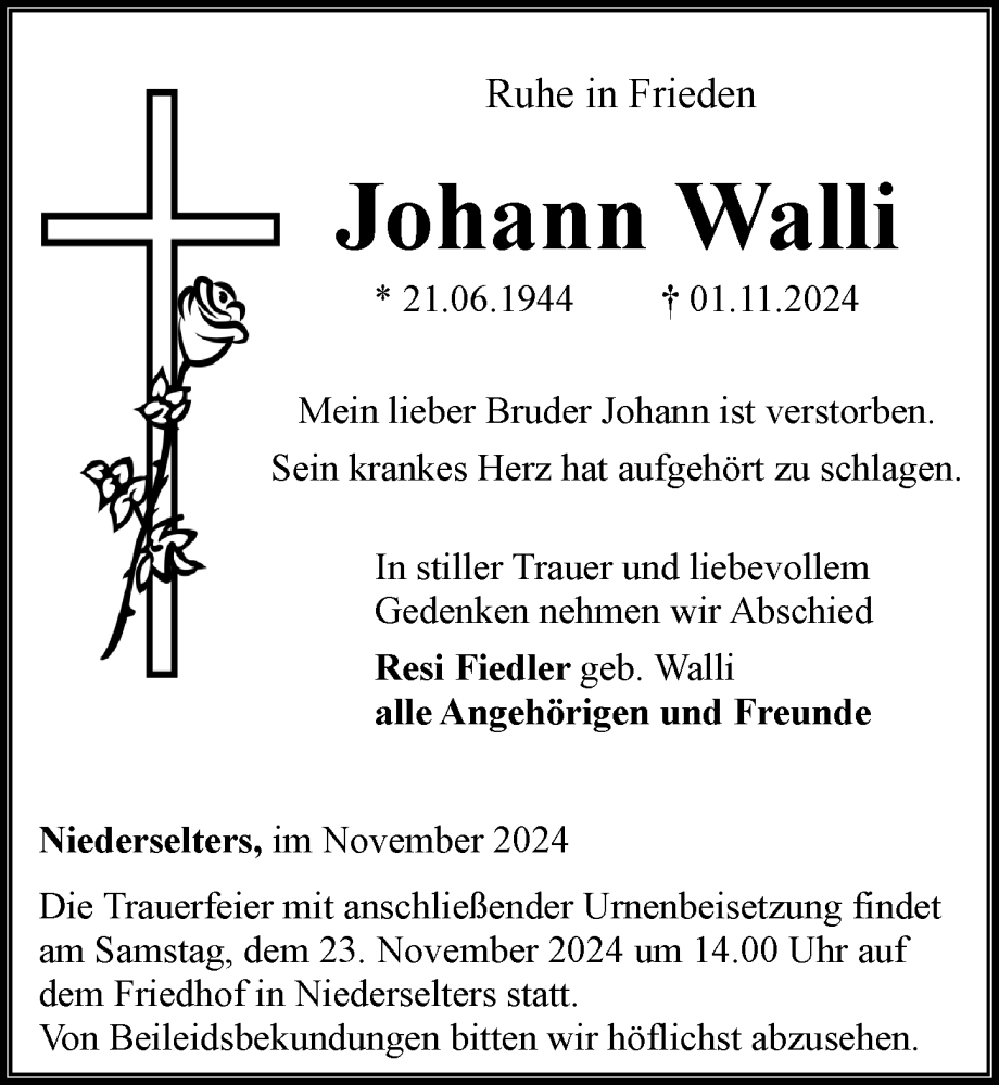  Traueranzeige für Johann Walli vom 21.11.2024 aus Camberger Anzeiger