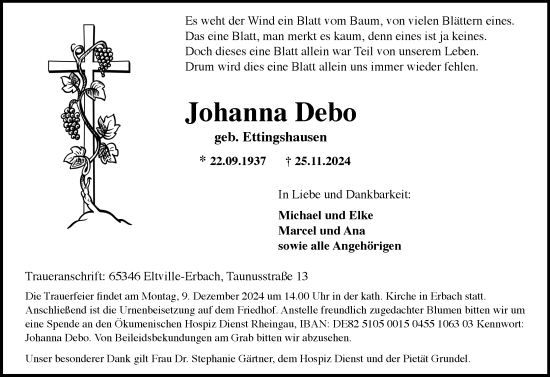 Traueranzeige von Johanna Debo von Rheingau Kurier