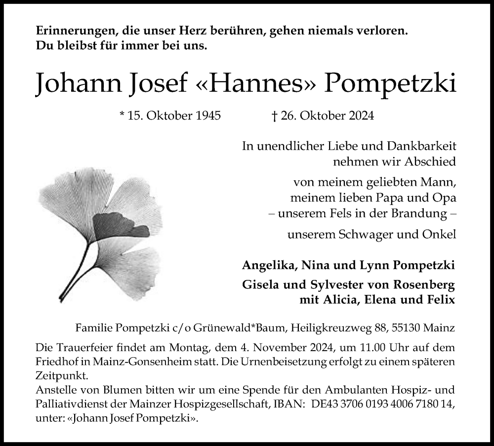  Traueranzeige für Johann Josef Pompetzki vom 02.11.2024 aus Allgemeine Zeitung Mainz
