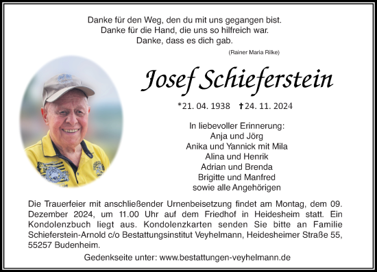 Traueranzeige von Josef Schieferstein von Allgemeine Zeitung Mainz