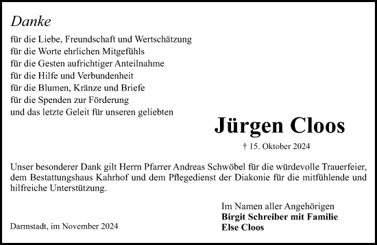 Traueranzeige von Jürgen Cloos von Darmstädter Echo