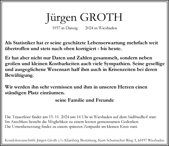 Traueranzeige von Jürgen Groth von Wiesbadener Kurier